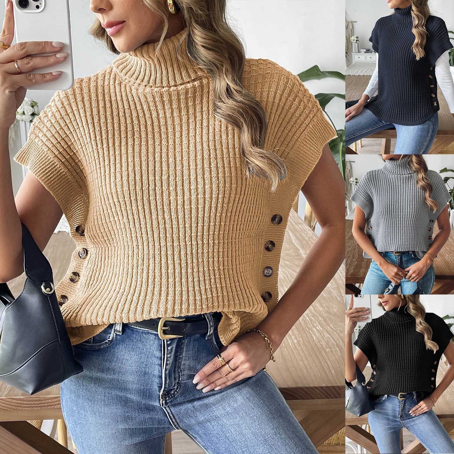 Fastener Decoration European And American Turtleneck Pullover Vest