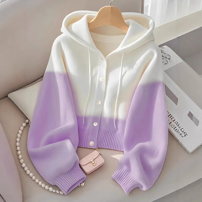 Patchwork Hooded Lazy High-grade Knitted Top