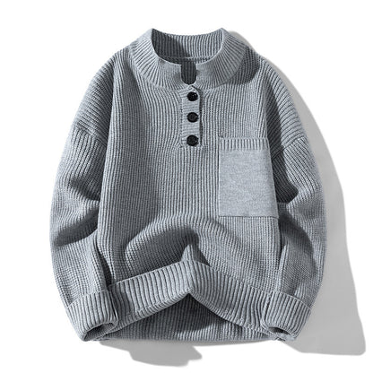 Women's Solid Color Versatile Half Turtleneck Button Sweater
